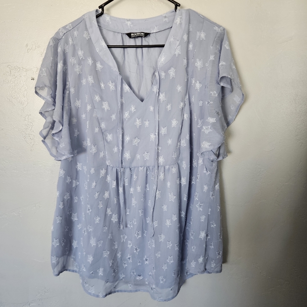 Bloomchic Light Blue Star Jacquard Pattern Flutter Sleeve Women's 18 20 Blouse